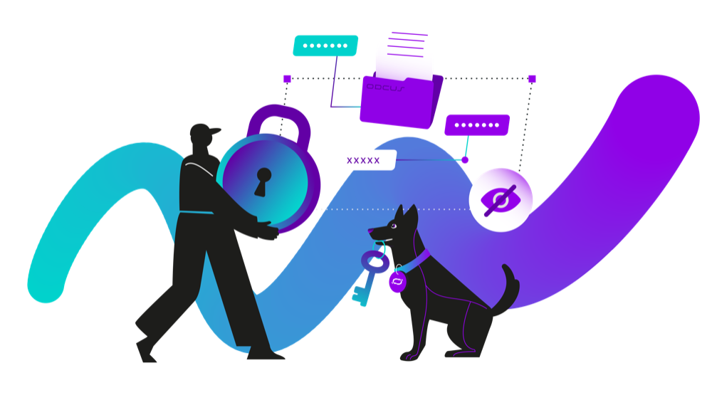 ODCUS Brand-Illustration: Cyber Resilience mit Schloss, Schlüssel und Wellenband