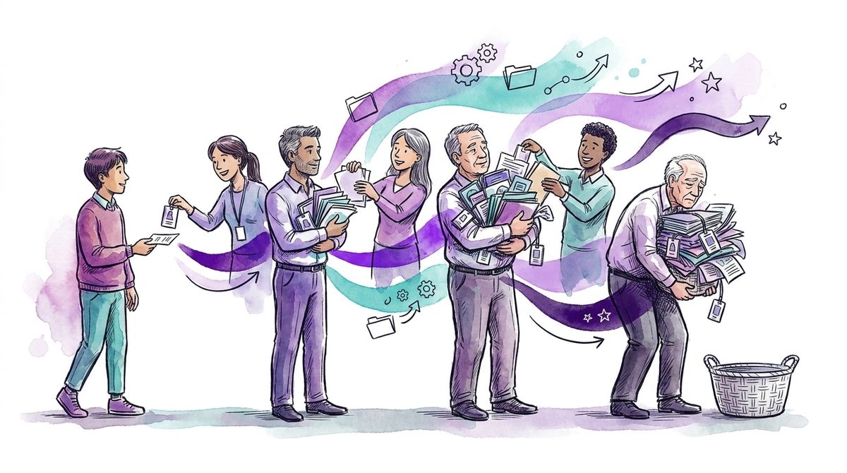 Illustration: Zugriffsrechte sammeln sich über Jahre an, während der Korb für entzogene Rechte leer bleibt