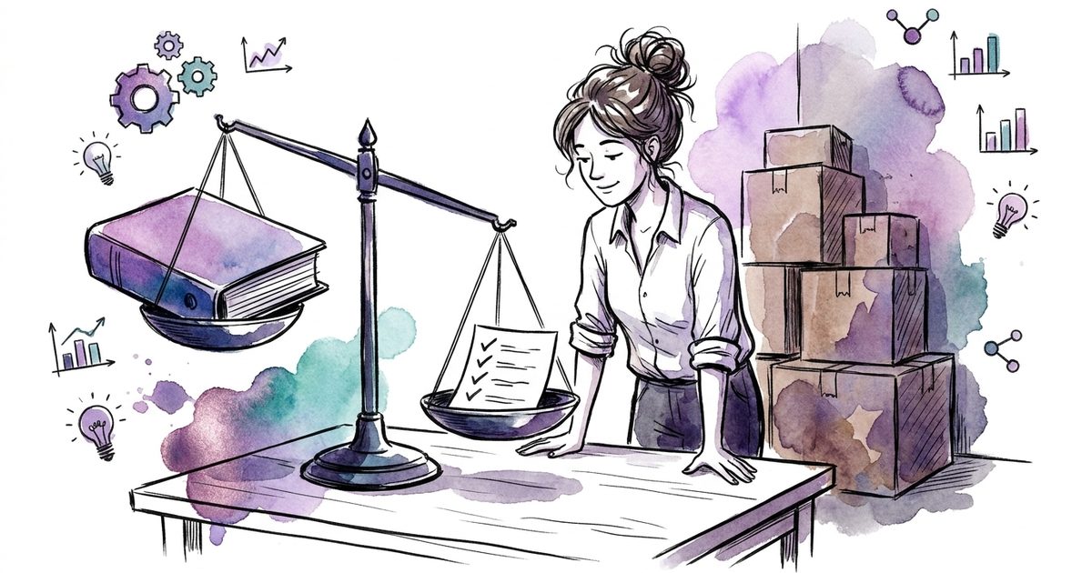 Business owner weighing a thick insurance policy against a short list of ticked security basics, with a stack of unused software packages beside her
