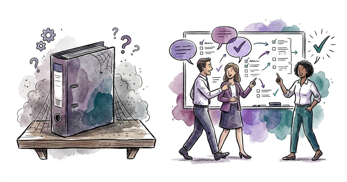 Illustration: links ein hoher Stapel grauer Ordner, rechts drei Personen am Tisch im Gespräch über ein kurzes Risikoregister, als Bild für ein gelebtes ISMS statt Papier