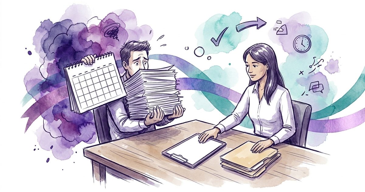 Illustration: an overloaded IT manager holding a full calendar and a stack of paperwork, beside him a colleague taking over the clipboard and files