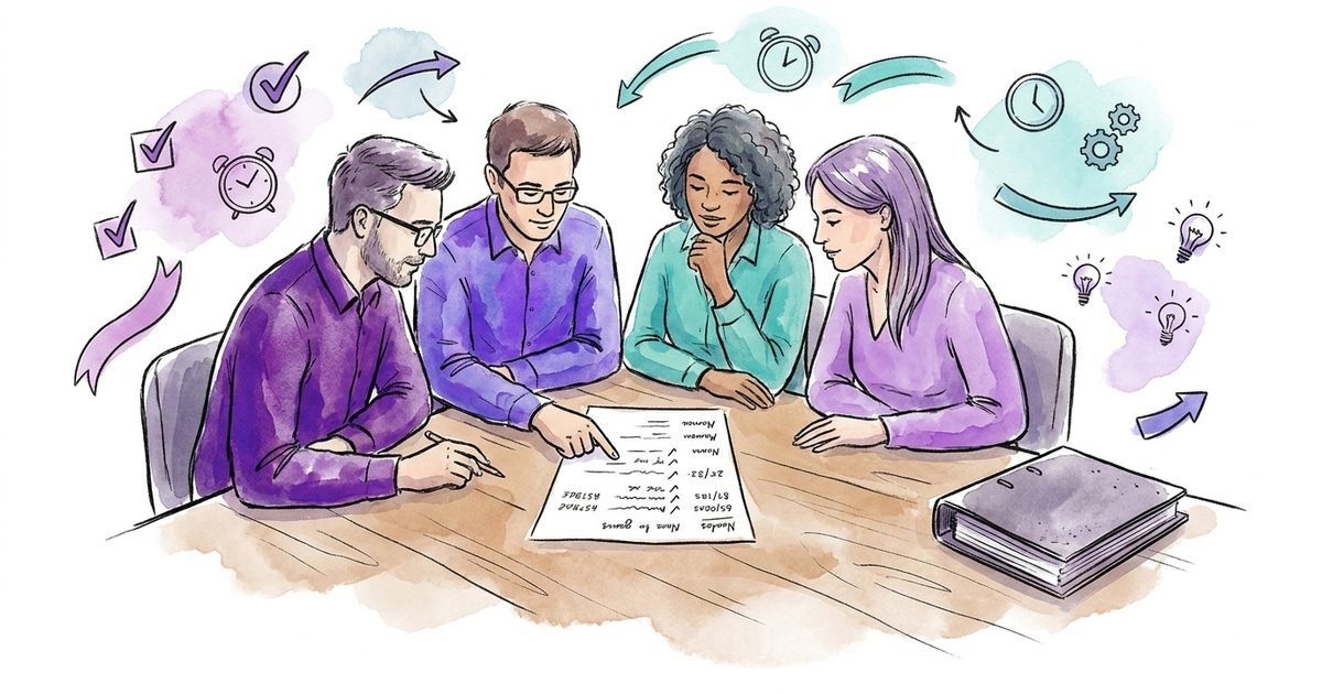 Illustration: Eine Geschäftsleitung bespricht eine einzelne Seite mit Auditfeststellungen, während der dicke ISMS-Ordner geschlossen am Tischrand liegt