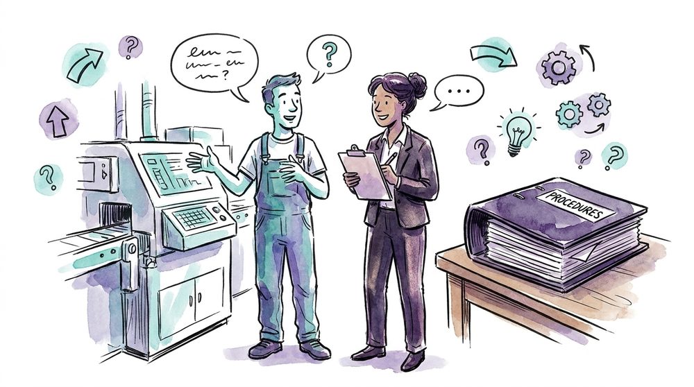 Illustration: Eine Auditorin spricht mit Mitarbeitenden an ihren Arbeitsplätzen, während der dicke ISMS-Ordner ungeöffnet auf dem Tisch liegt
