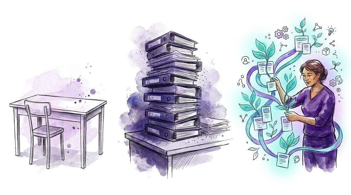 Illustration von drei Zuständen eines ISMS: leerer Schreibtisch, Stapel ungenutzter Ordner und eine Person, die ein gelebtes System pflegt