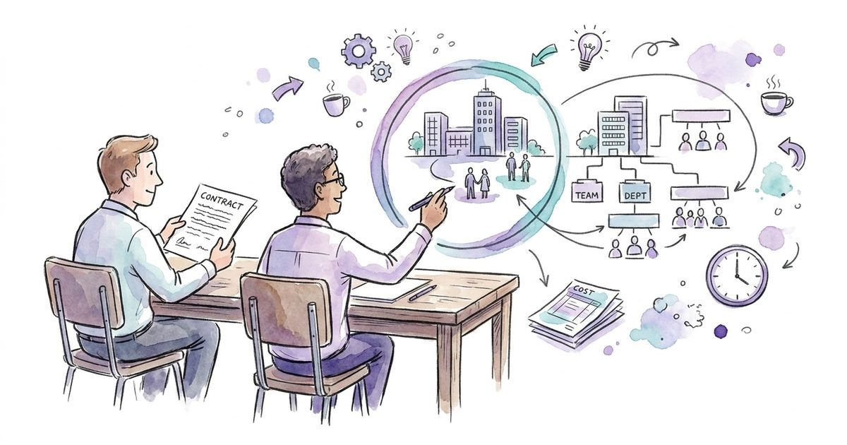 Sketch: two people at a table deciding the ISMS scope and drawing a boundary around one part of the sketched company