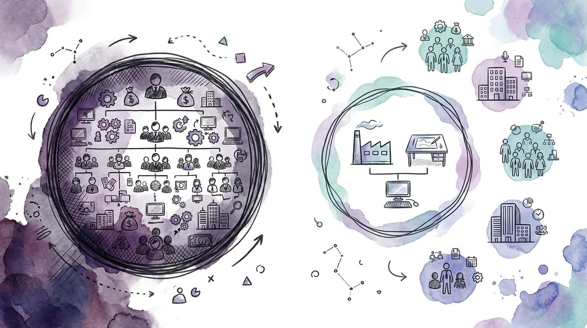Sketch of two versions of an ISMS scope: on the left a boundary around the entire org chart, on the right a boundary around the delivered service and the shared IT