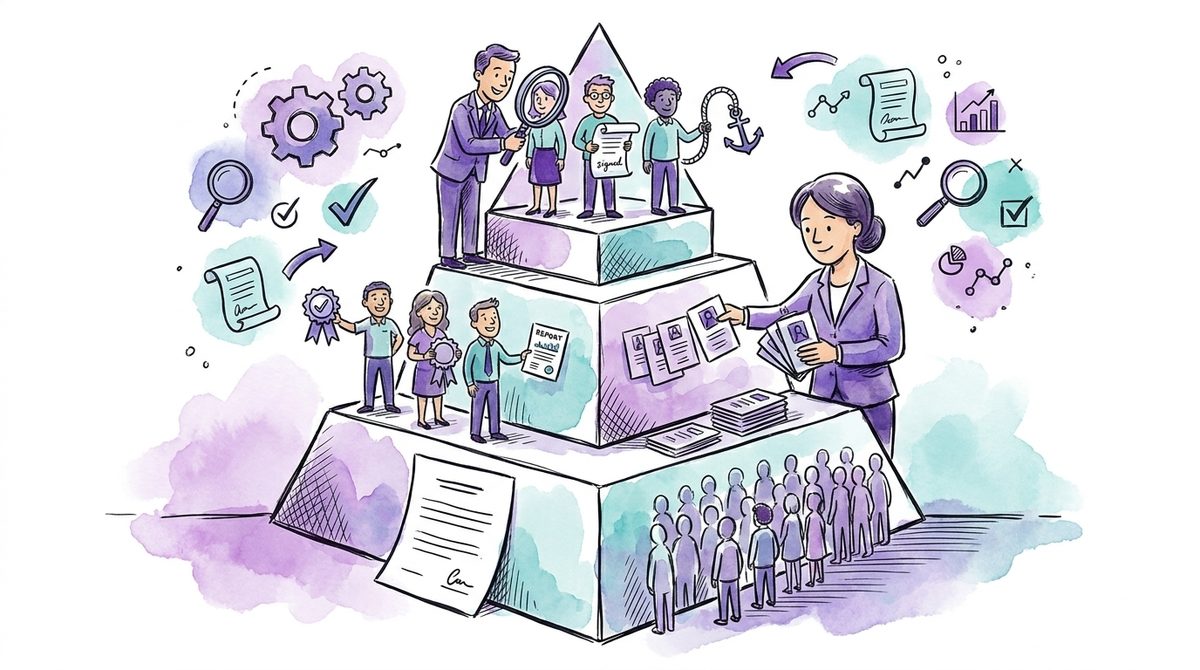 Illustration eines dreistufigen Lieferantenregisters: wenige kritische Lieferanten an der Spitze werden im Detail geprüft, die mittlere Stufe zeigt Nachweise und Zertifikate, die breite Basis viele Lieferanten mit Standardklauseln