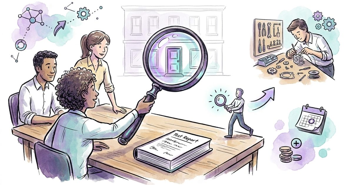 Gezeichnete Szene: ein Team richtet eine Lupe auf eine einzelne Tuer einer Gebaeudefassade, daneben ein geschlossener Testbericht und eine Werkbank, an der eine Feststellung behoben wird