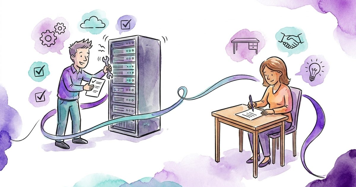 A technician tends the server rack while the owner signs off the decision at a desk