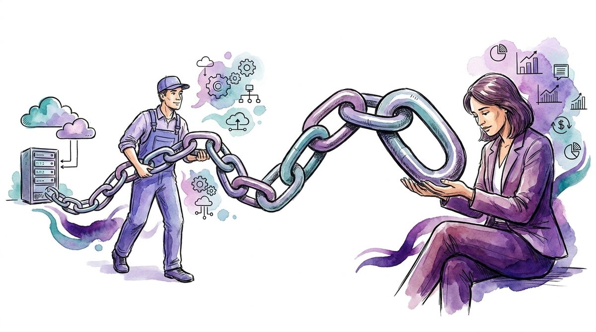 Hand-drawn chain: the IT provider passes the chain on, the last link rests in the hands of the management team
