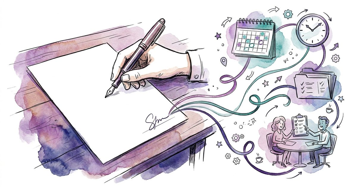 Eine Unterschrift auf einem Vertrag, aus der Linien zu Kalender, Uhr, Nachweisordnern und einer Besprechung führen